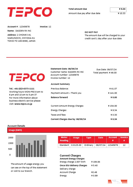 Japan Tokyo Electric Power Company electricity business utility bill template in Word and PDF format